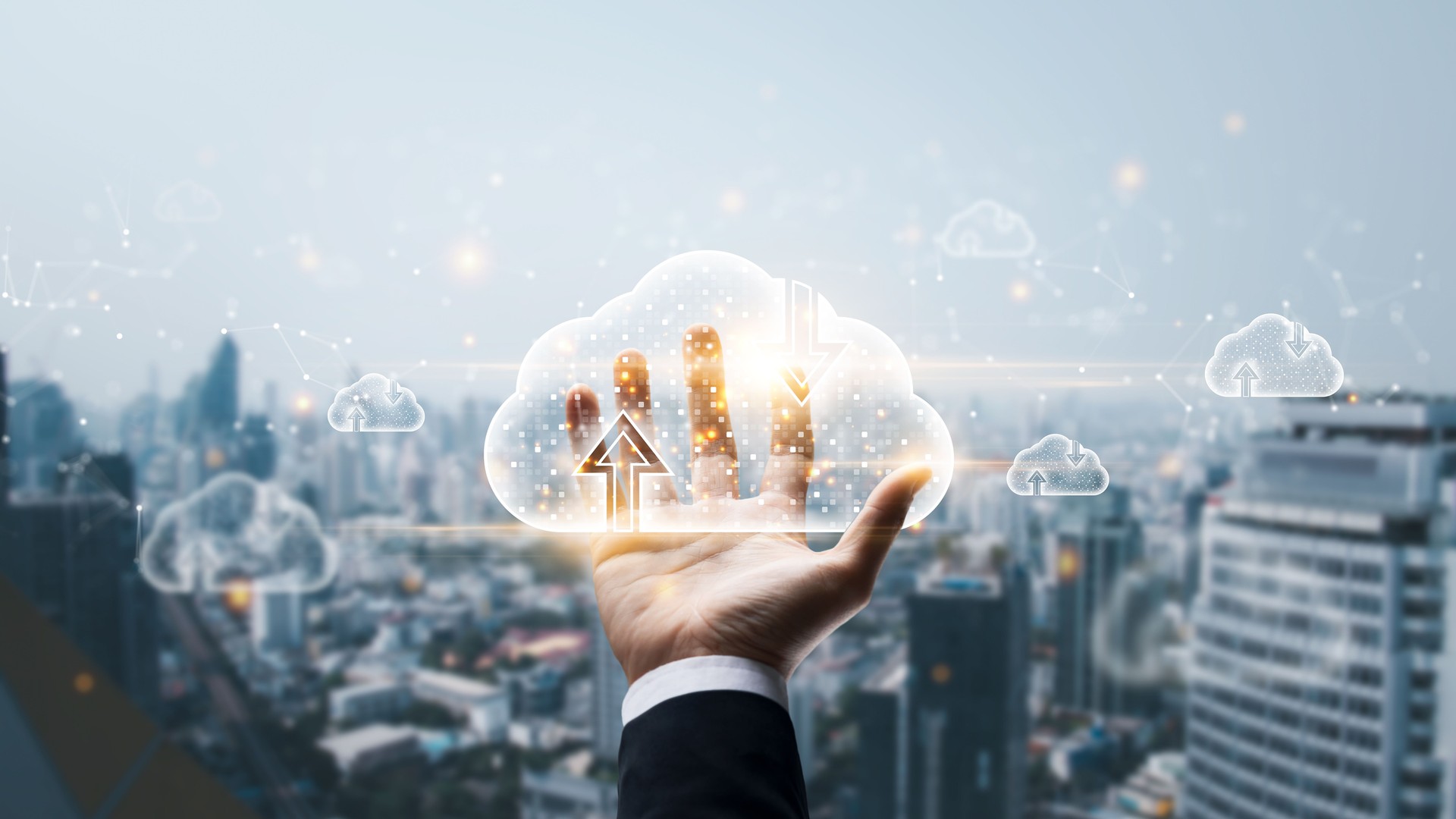 Cloud computing and online storage technologies, cloud computing and communications, connection to Internet server services for data transfer and data management on the city background.